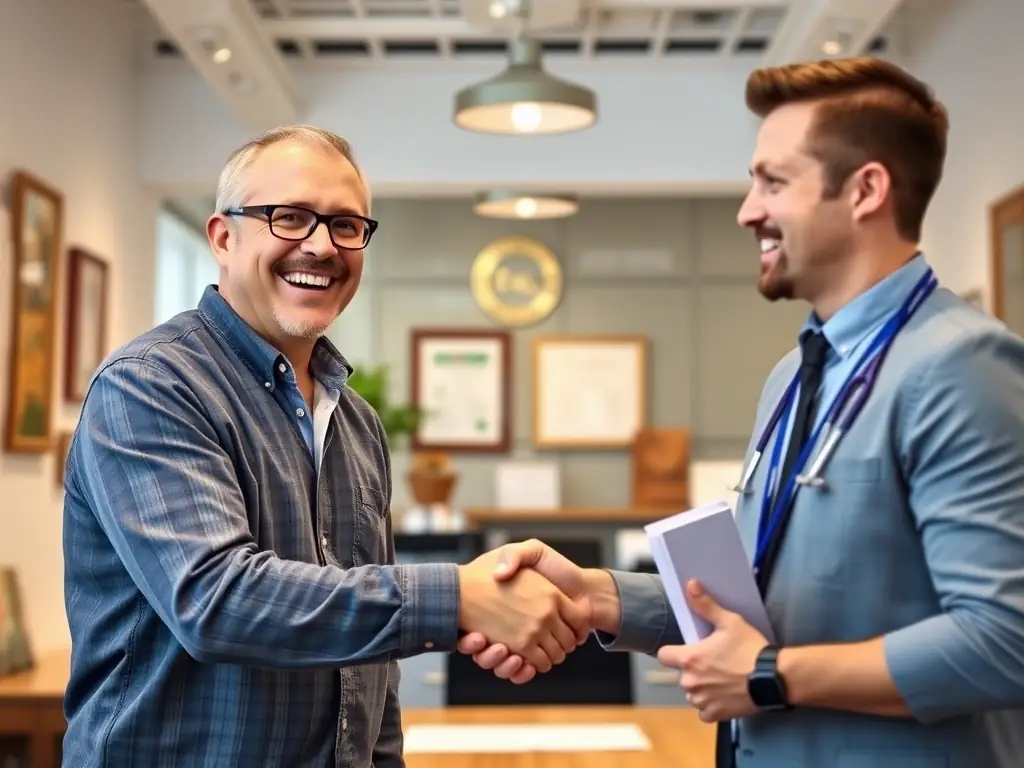 A local business owner smiling and shaking hands with an ExtroMarketing SEO specialist, symbolizing the partnership and local SEO success.