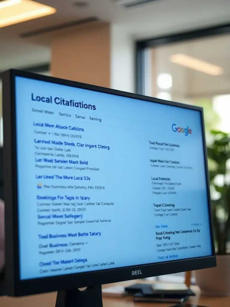 An image depicting a computer screen displaying a list of local citations for a business, emphasizing the importance of consistent business information online.