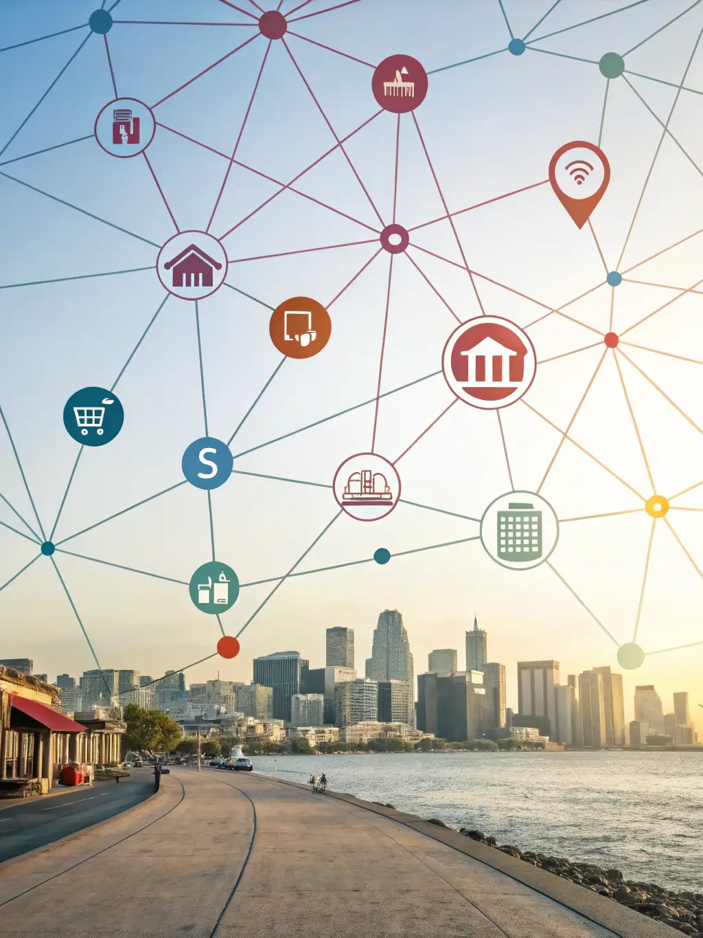 An image illustrating a network of interconnected local businesses and customers, representing the power of local networking and community engagement.