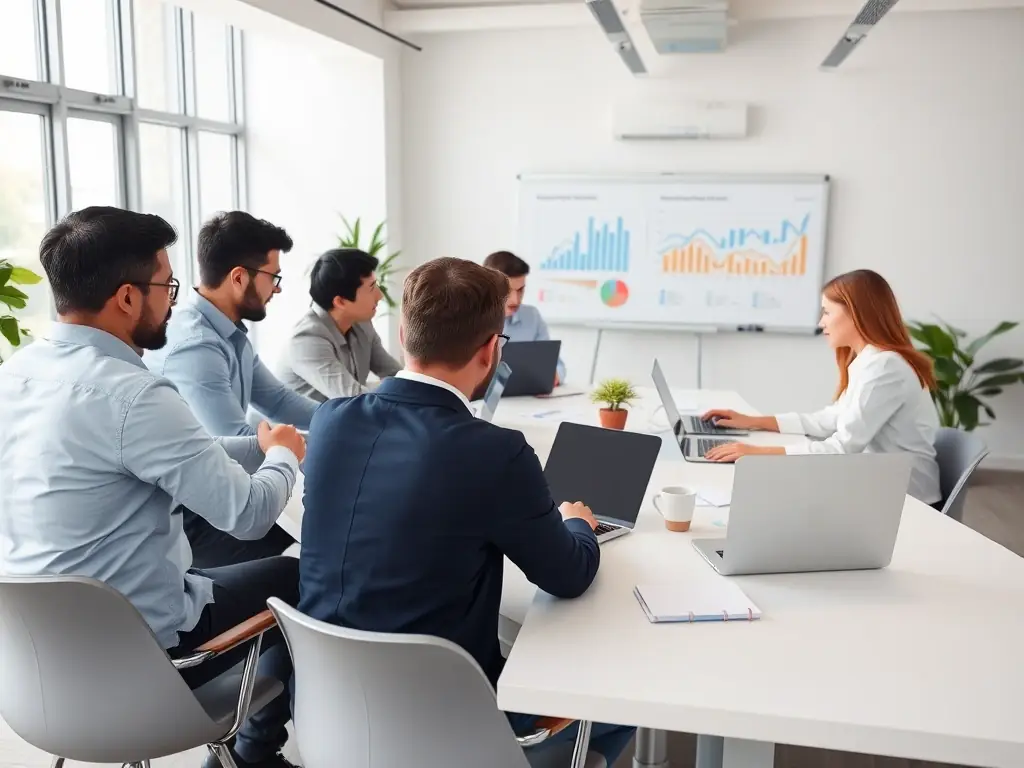 A professional office setting with team members collaborating on SEO strategies, analyzing data on large monitors, and discussing optimization techniques.