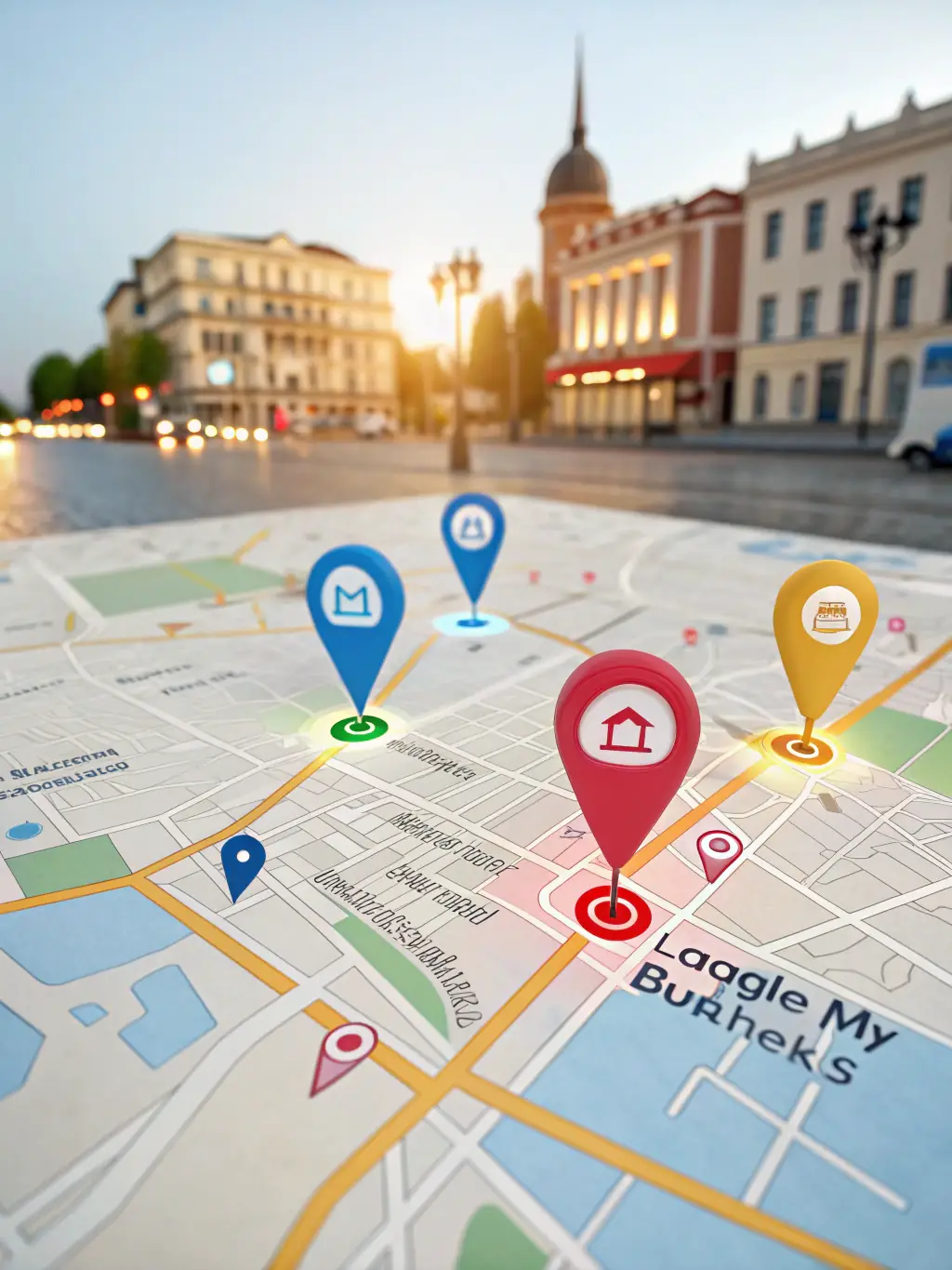 A vibrant image showcasing a map with location pins highlighting various local businesses, symbolizing local search optimization.