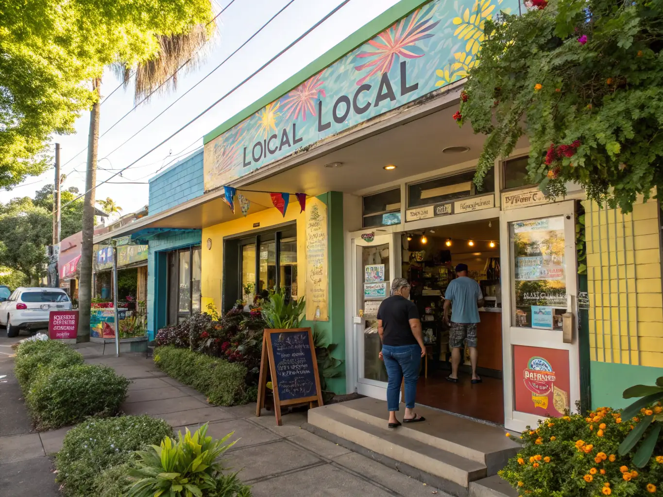 A vibrant image depicting a local business storefront with happy customers entering, symbolizing the increased foot traffic from local SEO.