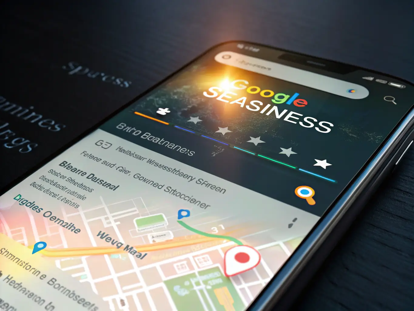 An image showing a mobile phone displaying a Google Maps search result with a local business prominently featured.